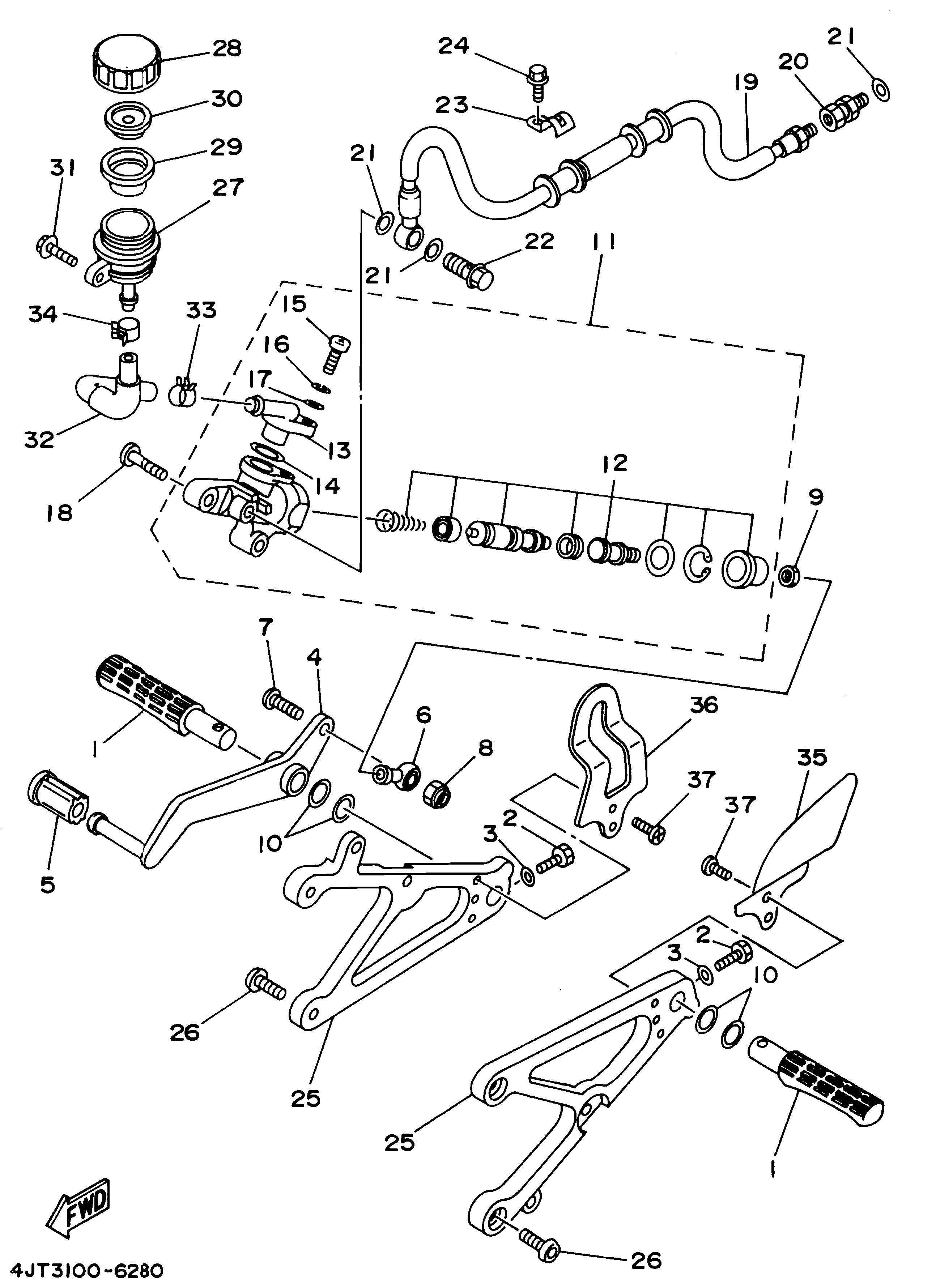 Technical Sports One, LLC 1996 Yamaha TZ125 (4JT3) the Rear Brake Master Cylinder / Foot Peg