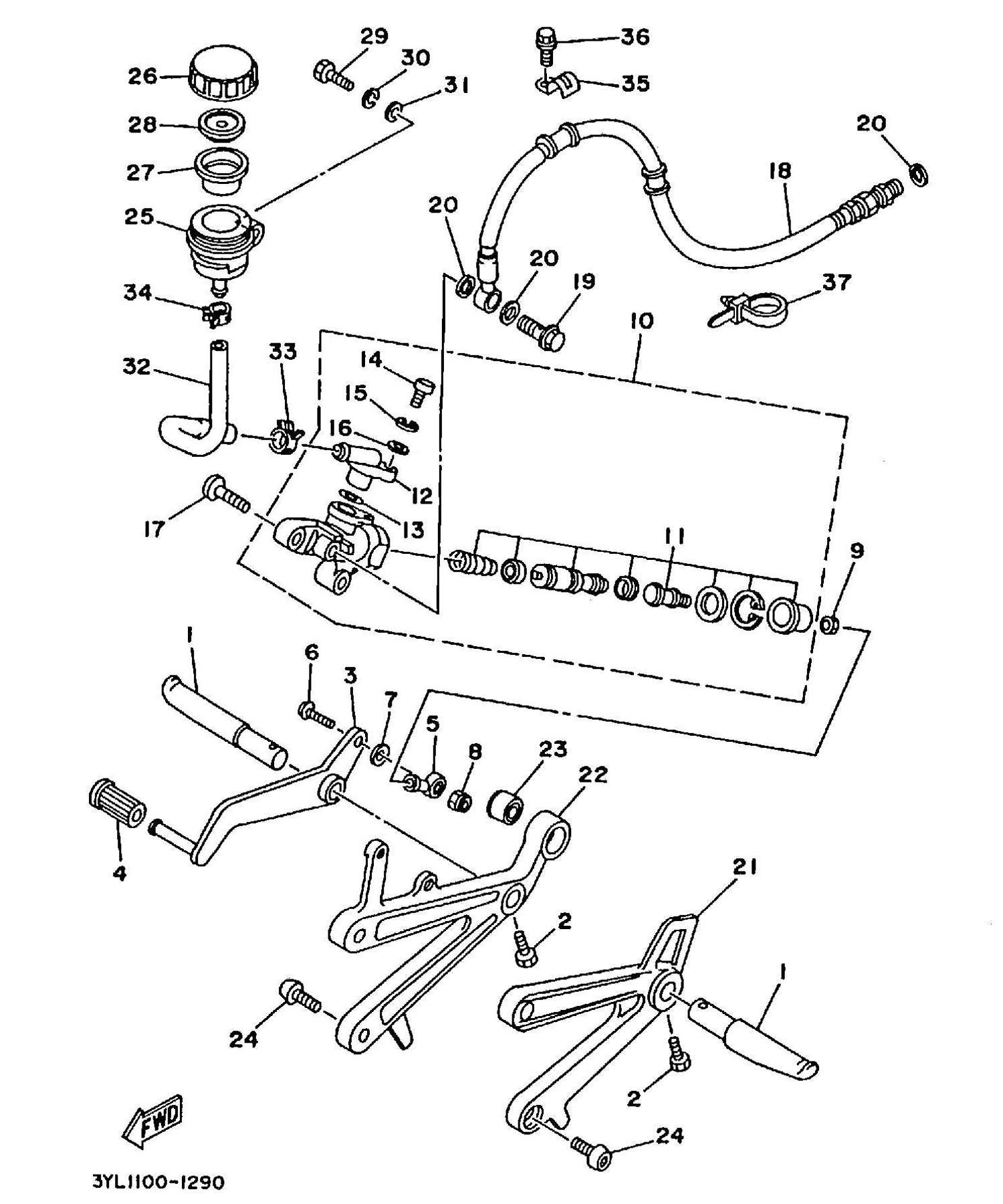 Technical Sports One, LLC 1991 Yamaha TZ250 (3YL1) the Rear Brake Master Cylinder / Foot Peg