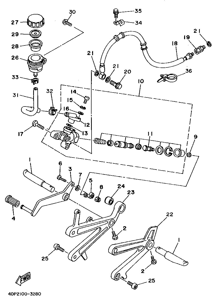 Technical Sports One, LLC 1993 Yamaha TZ250 (4DP2) the Rear Brake Master Cylinder / Foot Peg