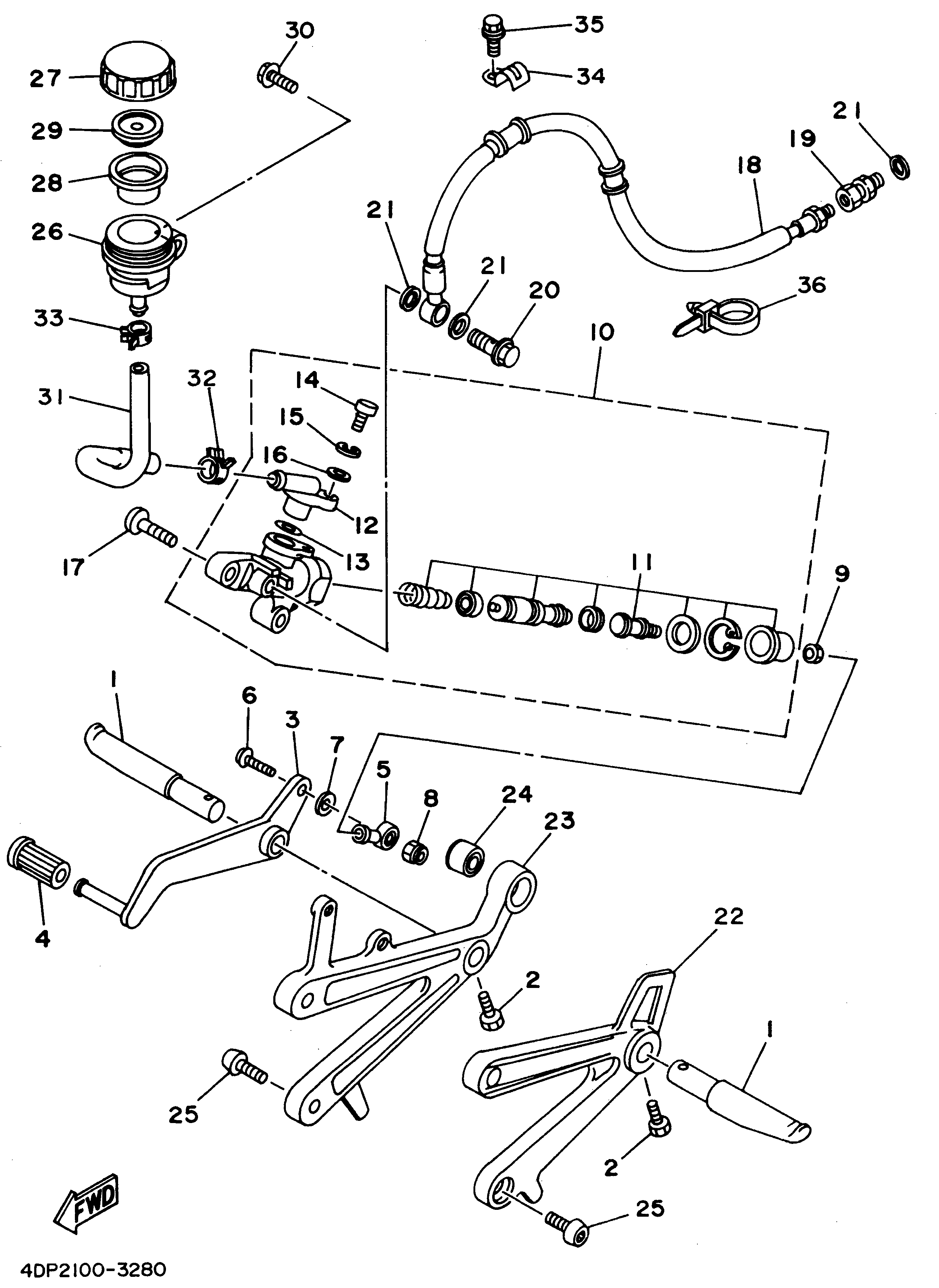 Technical Sports One, LLC 1994 Yamaha TZ250 (4DP3) the Rear Brake Master Cylinder / Foot Peg